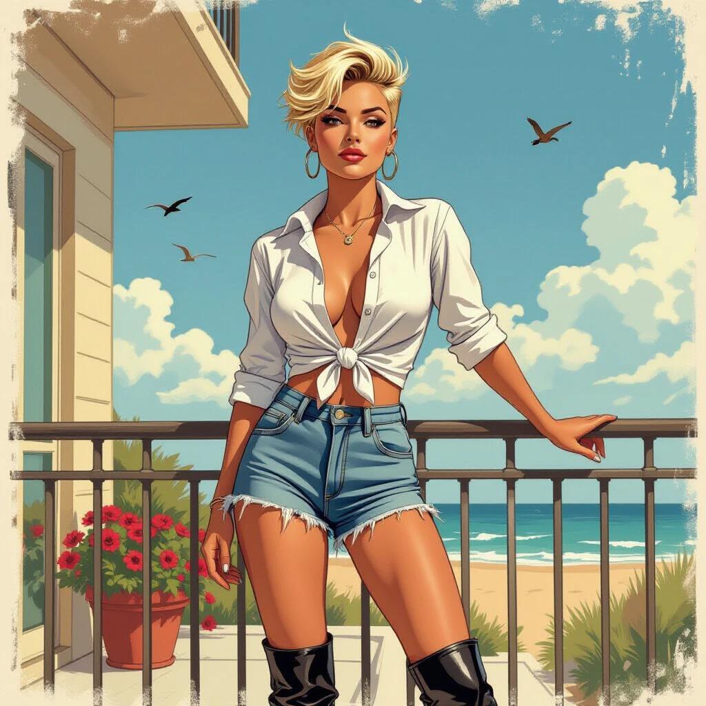 A confident young woman stands on a balcony. She wears a knotted white shirt and ripped denim shorts. She has short tousled hair styled in a punk fashion. Black motorcycle boots complete her look. The scene captures a beach view in the background with blue skies and clouds.