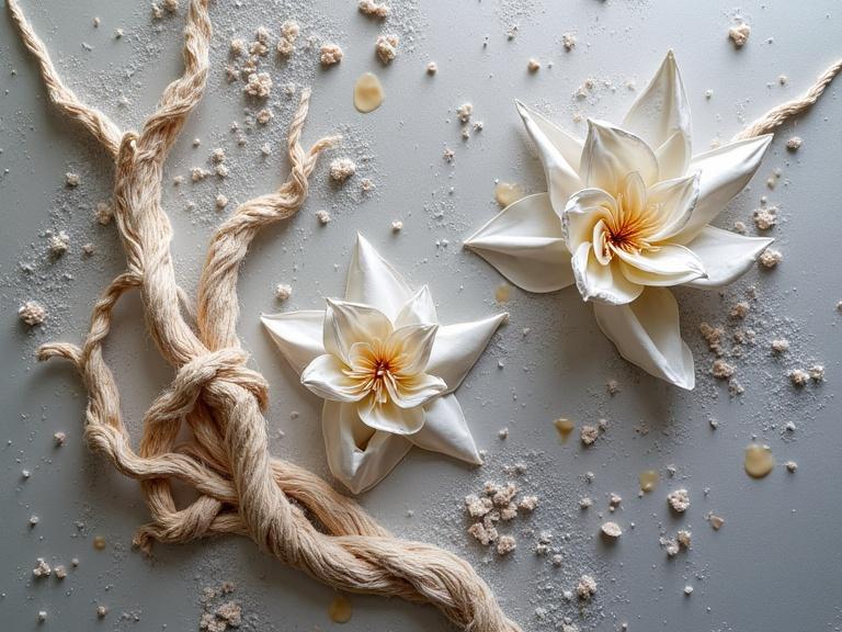 Close view of textured flowers. Mixed media artwork. Includes jute fibers, sand, and other collage elements. Soft lighting brings out details. Focus on textures and colors.