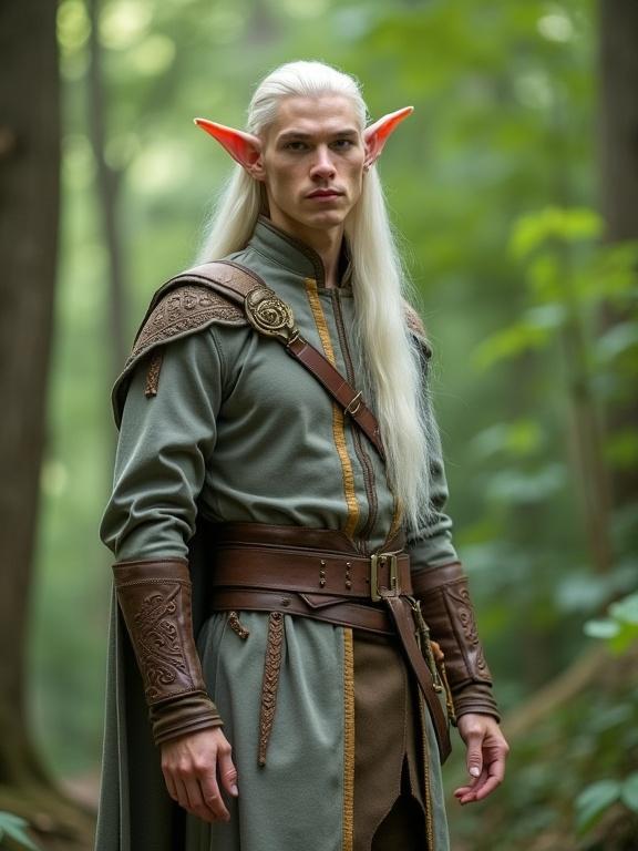 Male elf stands in forest. Elongated pointed ears. Slender build. Fitted silver-gray tunic. Intricate embroidery. Brown leather belt. Knee-high brown boots. Long platinum blonde hair. Angular facial features. Full body composition. Neutral pose. Soft green backdrop. Natural lighting. Subtle background blur.