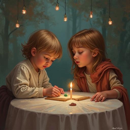 Two children focused on writing or drawing at a table illuminated by candlelight and bulbs. Warm and inviting atmosphere.