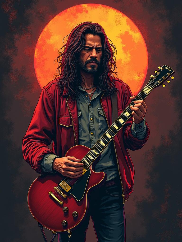 A musician stands confidently while playing a red guitar. The background features a large glowing orange orb resembling a sun. The musician wears a red jacket. The artwork reflects the essence of rock music.