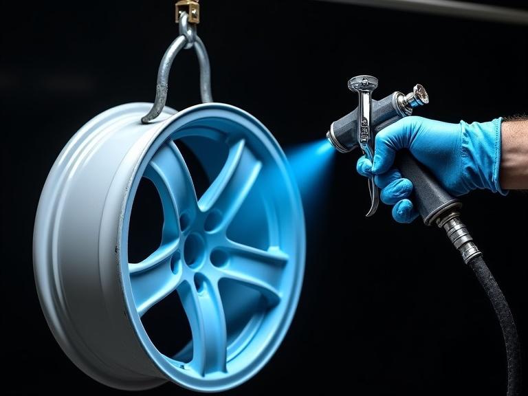 Photorealistic image showing a gloved hand holding a Gema powder coat gun. The gun sprays bright blue powder onto a white car rim. The rim hangs from an industrial metal hook against a black background. Image detail is sharp with dramatic lighting and high resolution.