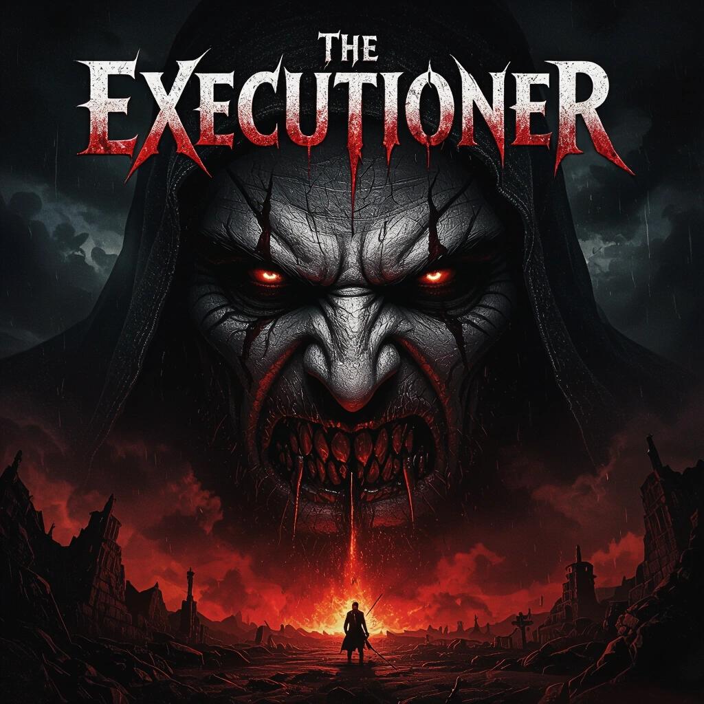Rock album cover with an evil face. Dark and epic scene featuring the title The Executioner. The design includes a moody atmosphere with a menacing character.