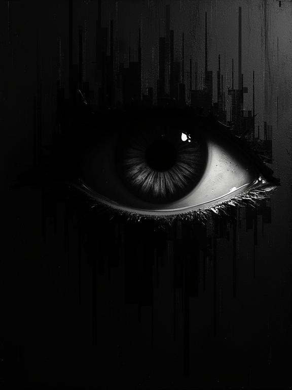 An extremely rough digital oil illustration on a completely black background. A giant silhouette eye emerges and fills the entire top right corner of the page. A glitch-like corruption covers the entire image in geometric black shapes.
