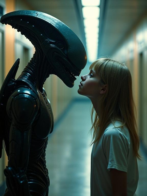 Close encounter between an alien and a girl in a sci-fi corridor. Ambient lighting creates a mysterious atmosphere. The alien has a robotic design with a sleek appearance. The girl leans in close to the alien.