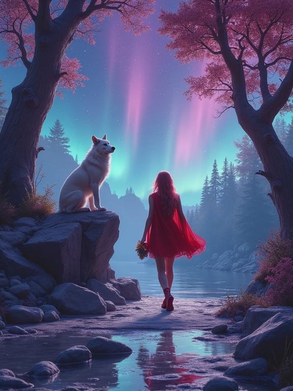 A girl in a red floating cape walks through a moonlit forest with crystal trees and a nebula wolf watching her from a floating rock. The sky is filled with shooting stars and violet auroras.