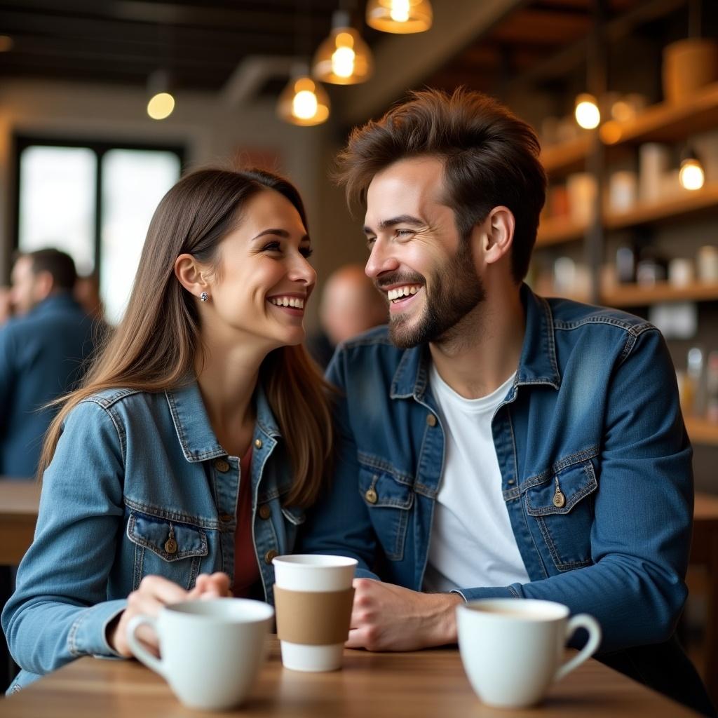 Young couple enjoying cheerful moment in a cafe while seated at a table with coffee cups. Woman in denim jacket smiles at man with a playful grin. Cafe atmosphere is cozy with soft lighting and wooden elements. Other patrons in background.