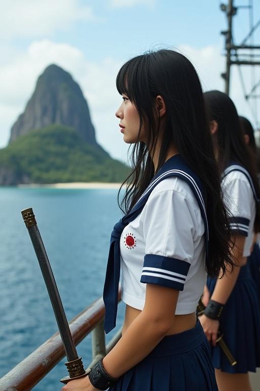 Attractive young Japanese women with long black hair wear sailor uniforms with military boots. They stand on a battleship deck holding katana. Behind them is a volcanic island with trees and a beach in the bay.