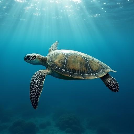 Sea turtle swims gracefully through clear ocean water. Sunlight filters beams down from the surface.