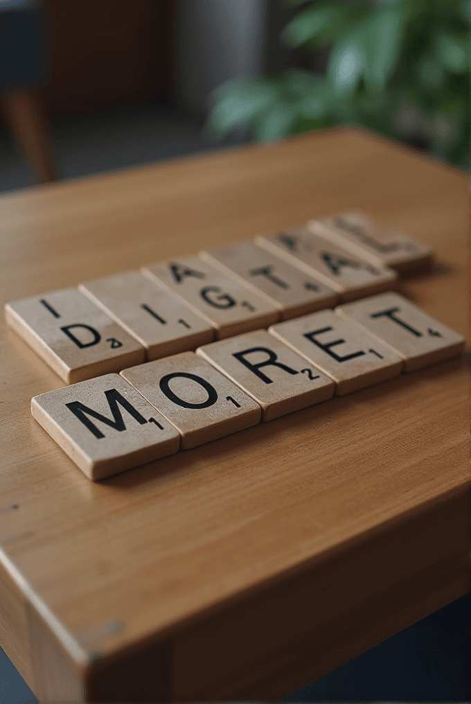 Wooden letter blocks spelling 'DIGITAL MARKETING' are neatly arranged on a wooden surface against a blurred background.