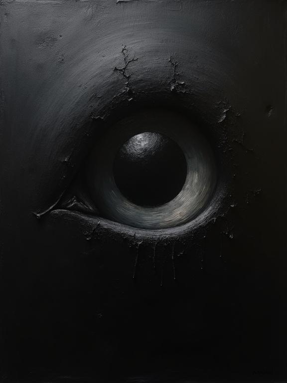 An extremely rough oil painting on a completely black background. A giant silhouette eye emerges from the top right corner of the page diagonally. The eye is filled with a cosmic void of lovecraftian darkness.