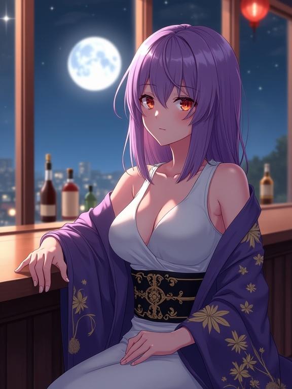 Anime lady seated at bar counter with moonlit night visible through window. Hair is violet and she wears a white sleeveless top. A purple kimono-style cardigan drapes over her with gold floral designs and a black obi belt. Liquor bottles line the bar behind her. Calm expression portrays relaxation.