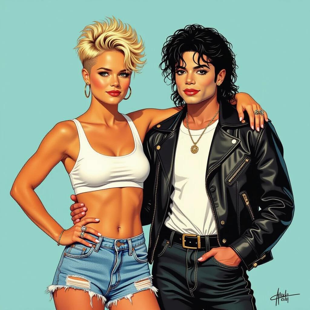 Portrait of two famous figures in their youth. One figure wears a swimsuit top and ripped shorts. Confident pose with one hand on the shoulder. Short punk hairstyle contrasts with shaggy crew cut. Comic-style artwork with bold outlines and vibrant colors.