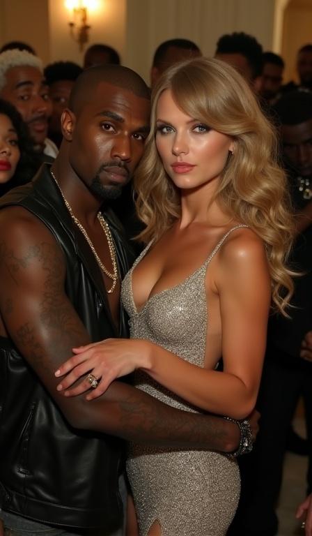 Taylor Swift and Kanye West in a crowded hotel room after an awards show. Taylor Swift is busty with long curly light blonde hair styled in her Fearless Era. She wears a sparkly silver dress and high heels. Kanye West is an older black rapper wearing a leather vest. They are close together with Kanye holding Taylor firmly. Taylor looks dazed and intoxicated in a disheveled state. Other rappers surround them. Angle from above looking down shows their interaction.