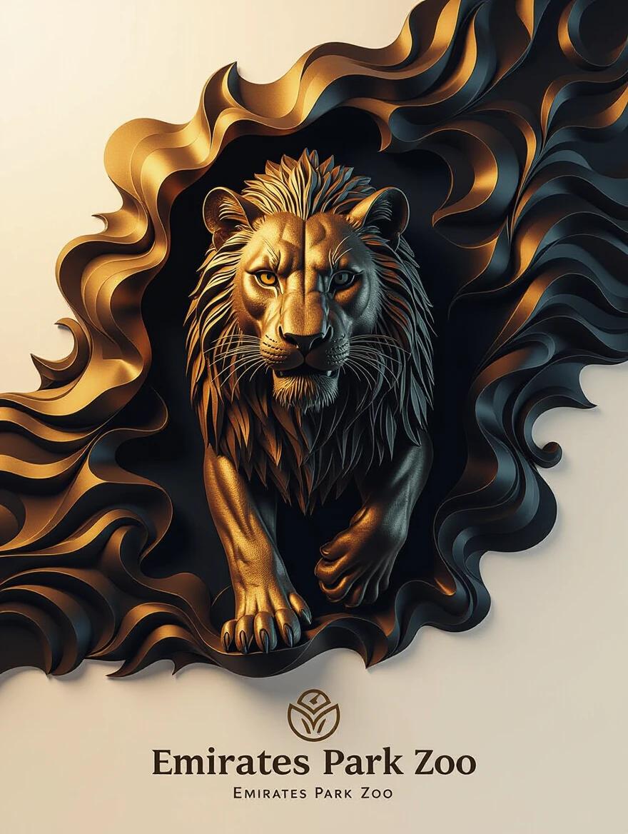Digital sculptural art of a lion . Three-dimensional representation of a predator emerging from an abstract background . Intricate texture and fur details create a sculpted look . Deep colors like gold and black . Sharp lighting enhances depth and power . Represents luxury and contemporary art . Includes Emirates Park Zoo logo in modern font . Focus on sculptural details and dynamic composition.