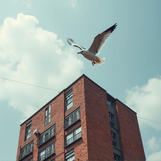 Image of a headless seagull flying over a brick apartment building. The building has a modern design. The sky is partly cloudy. Bird is in motion.