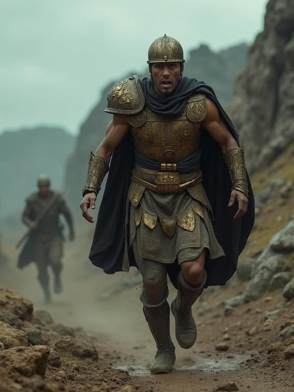 Desperate cinematic scene with a Canaanite commander in bronze armor. The commander runs through a desolate landscape, looking back in terror. Armor is muddy and helmet is missing. Storm has subsided but the light is dim and gray.