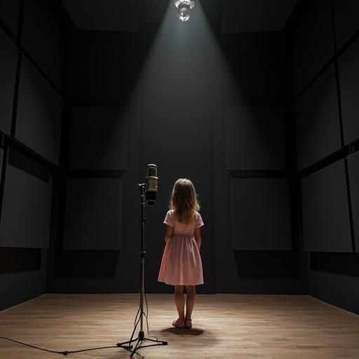 Studio room with microphone in center. Black square soundproof walls and ceiling. A 12 year old British girl in a dress faces viewer. High detail and quality.