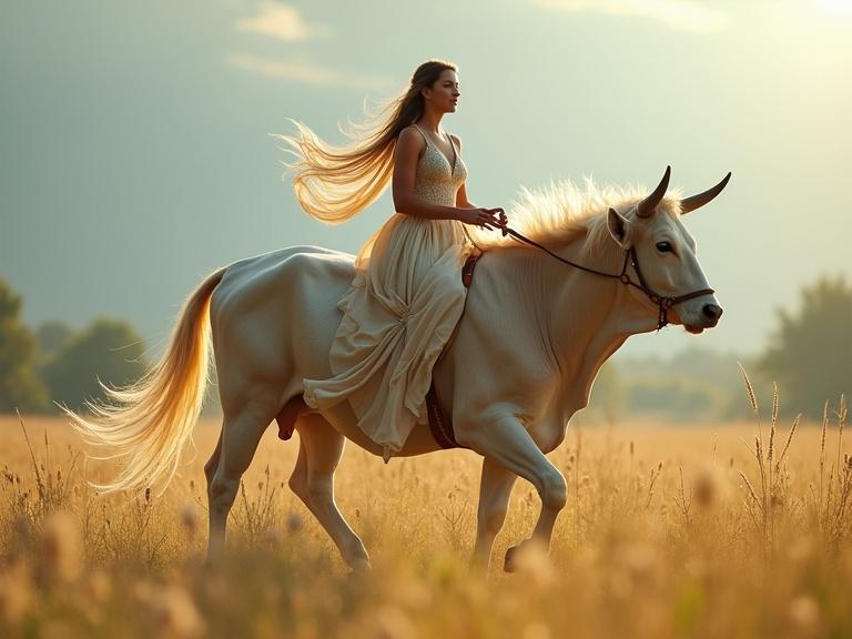 Scene of a woman riding a white cow in a golden field during a gentle day. The woman's hair flows softly in the wind. She wears a flowing dress. The atmosphere is calm and peaceful. The setting captures the essence of tranquility.