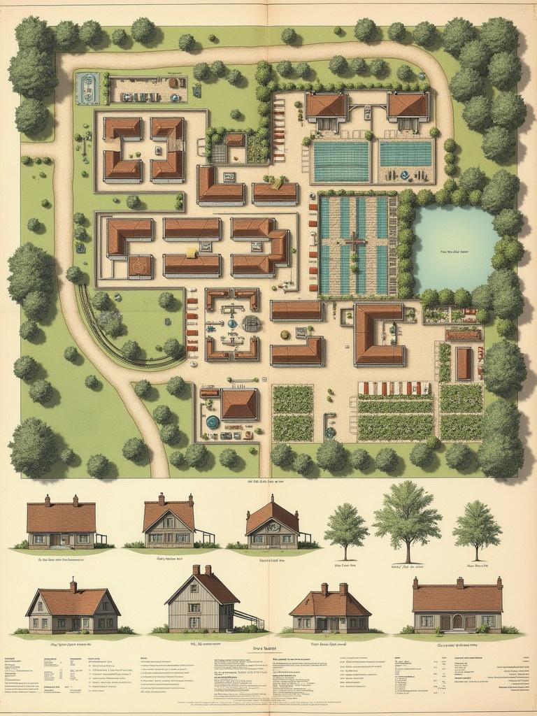 Detailed plan illustrates a farm layout. Includes stables dormitories and greenhouses. Shows water facilities and pathways. Features green spaces and sections for dairy unit pond and crop production area. Labels indicate crops and structures with views and dimensions. Displays house layouts in 6 by 8 square format.