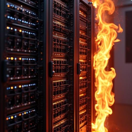 A Cisco rack on fire with flames. A tray of Monster drinks sits nearby. The scene emphasizes the contrast between technology and danger.