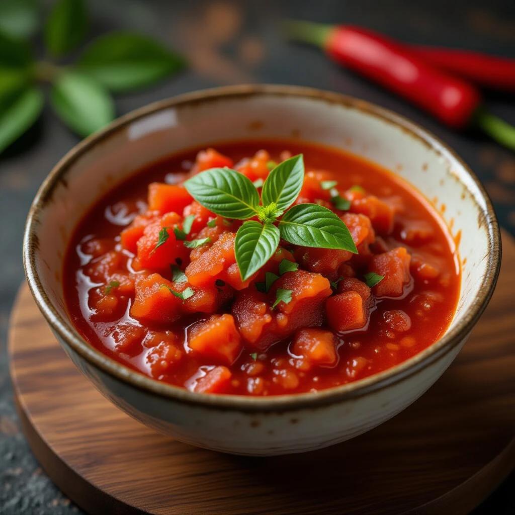Photorealistic image of Indonesian sambal. Bowl filled with sambal. Red and green colors dominate the dish. Fresh garnishes on top. Soft natural light enhances the appeal. Ideal display for food photography.