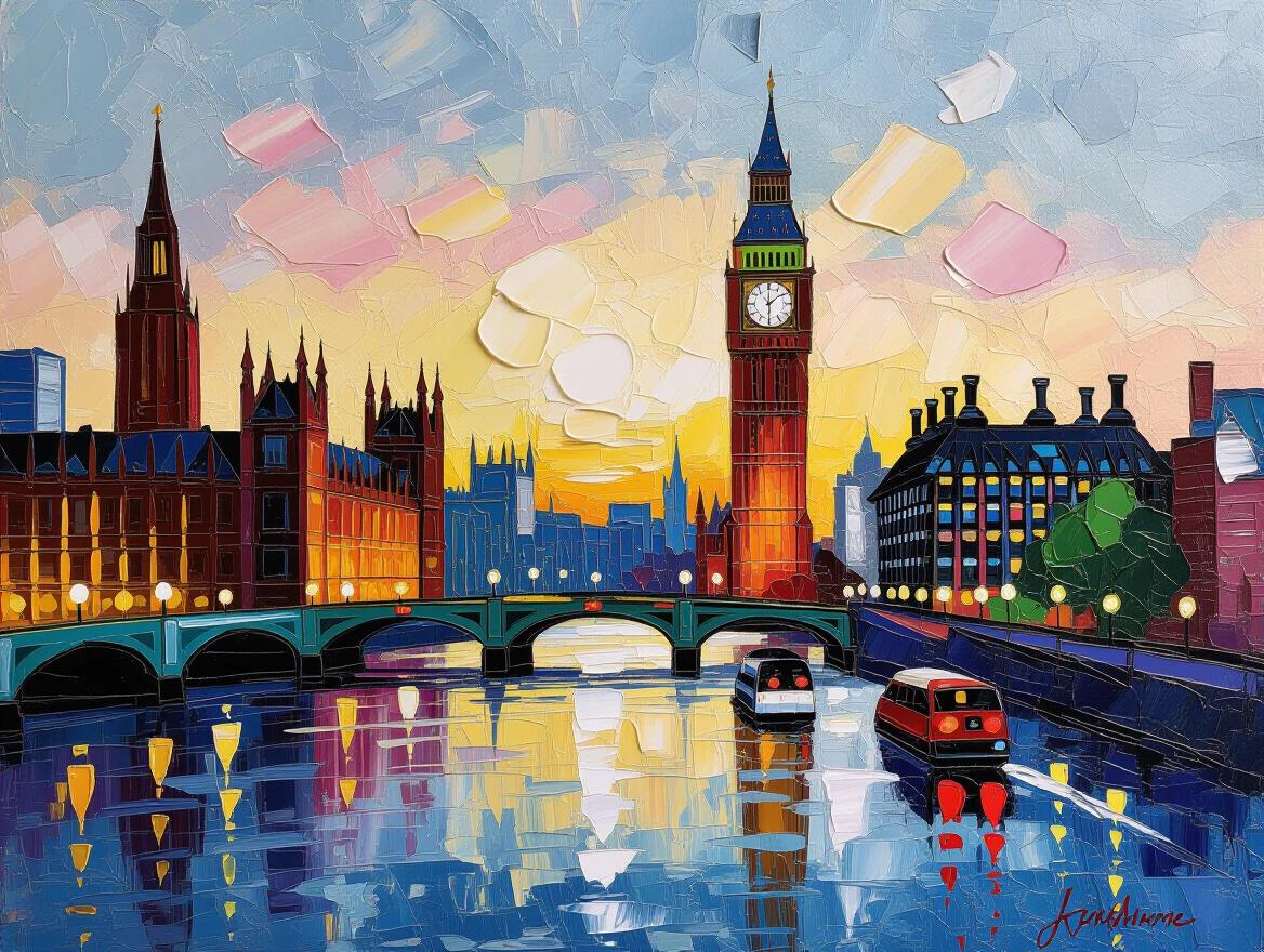 Highly textured encaustic painting of London. Scene shows Big Ben and the Palace of Westminster in morning light. Thick brushstrokes create a three-dimensional look. River Thames reflects the colorful sky.