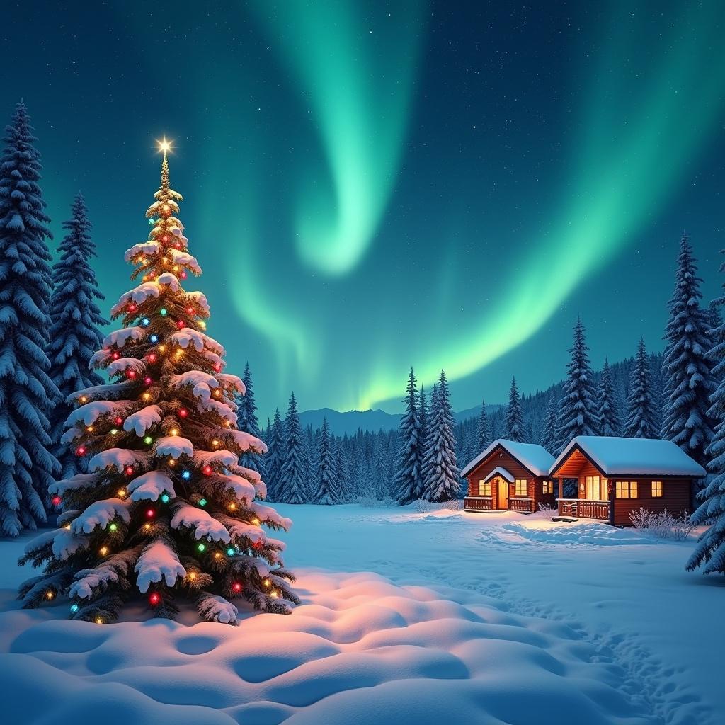 Scene of snowy landscape under starry sky. Northern lights are visible. Foreground features decorated Christmas tree with colorful lights. Nearby cozy cabins emit warm light. Snow-covered pine trees surround the area. Setting evokes peaceful holiday cheer.