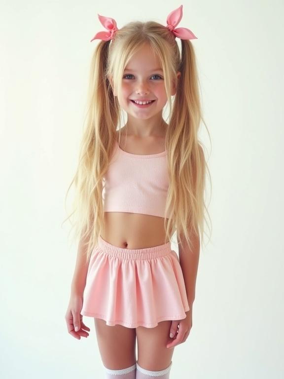 A young girl standing against a white background. She has long blonde hair styled in twin tails with pink bows. The outfit includes a short crop top and a pale pink micro-skirt. She wears thigh-high socks with lace details and simple black shoes. The image has a soft aesthetic and bright colors.