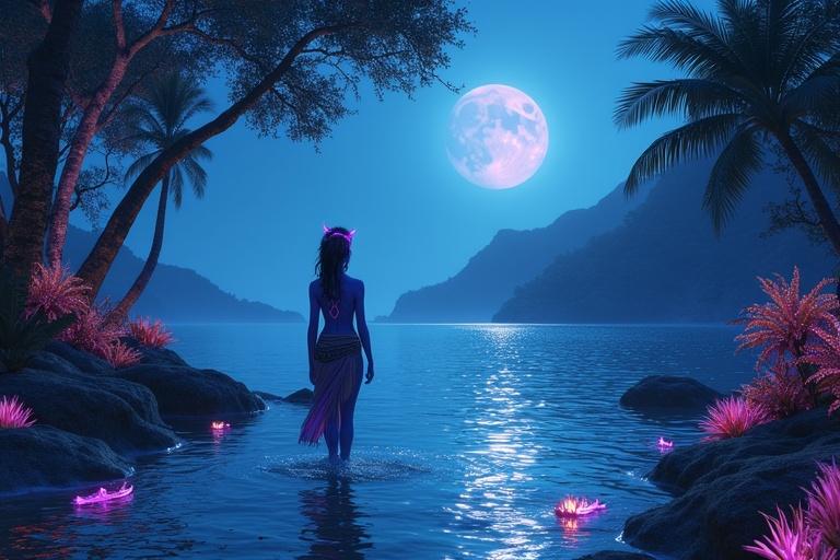 A lush coastal jungle illuminated by twin moons. A blue Na’vi woman walks barefoot in glowing water. Bioluminescent stripes and flowing purple loincloth. Magical fish swimming below. Jungle alive with vibrant colors and floating mountains on the horizon.