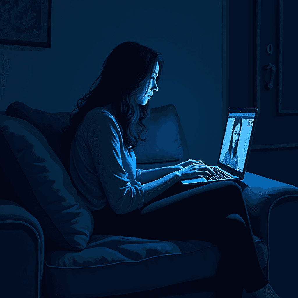 A woman is engaged in a video call on her laptop, illuminated by a soft blue light.