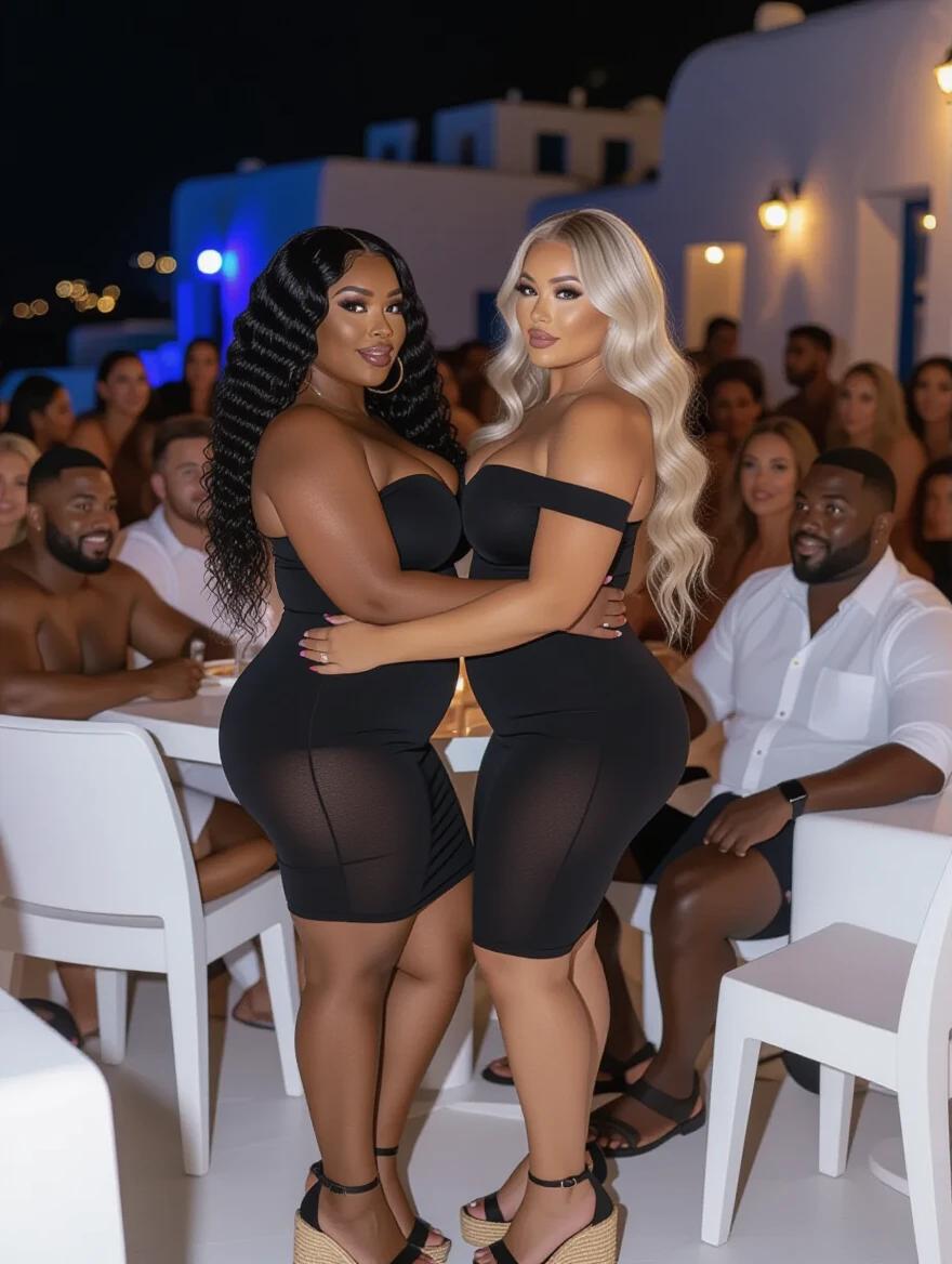 Two curvy women stand together. One has black curly hair. The other has long blonde waves. Both wear black bandage dresses. The background is a lively Mykonos nightclub. People are socializing at their tables. The atmosphere is festive and energetic.