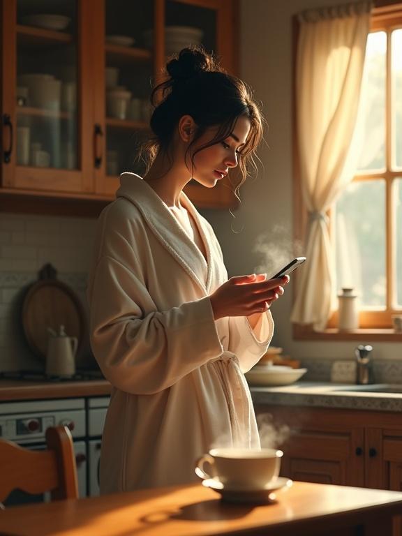 Woman with dark hair in a loose bun standing in a vintage kitchen wearing a robe off one shoulder. She is using a smartphone. Soft light from a window highlights her figure. A steaming cup of tea is in front of her on a wooden table. The kitchen features wooden cabinets and various kitchenware. The atmosphere is cozy and intimate with earth tones. Her pose is relaxed and introspective, glancing at her phone. The scene is photorealistic with vintage elements.