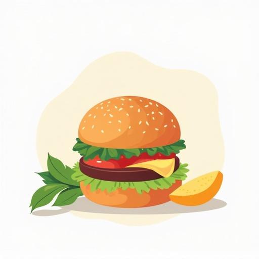 A flat cartoon-style vector illustration of a healthy burger. Clean geometric shapes. Soft rounded edges. Solid white background.