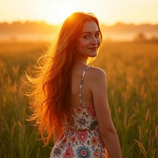 Young woman walks in a meadow at sunset wearing a floral sundress. Long red hair flows freely. Sunlight glows around her. She looks back and smiles softly. Grass sways in the breeze. The scene feels peaceful and timeless.