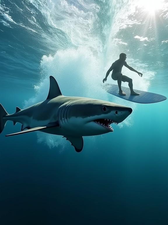 A great white shark swims beneath the surface near a surfer. Scene is dramatic with clear ocean water and sunlight filtering through. Shark is close to the unaware surfer. High detail and photorealistic style with dynamic angle and ocean waves.