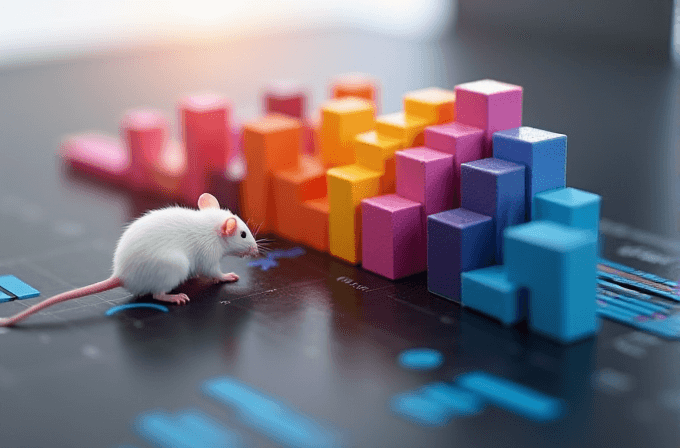 A white mouse interacts with vibrant, multi-colored 3D bar graphs on a sleek black surface with data points and graphs, illustrating a mix of science and creativity.