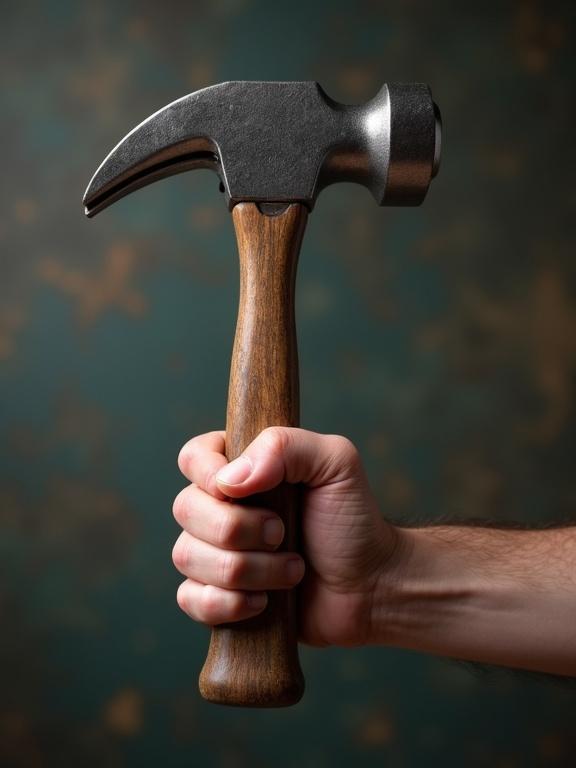 A hand gripping a sledgehammer with a metal head and wooden handle. The shot focuses directly on the hand and tool. The background has a soft blurred effect.