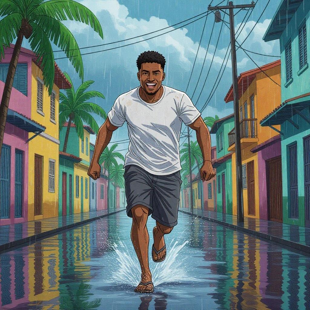 A Dominican man runs barefoot through a flooded street. The setting features colorful buildings and palm trees during a rainstorm. His wet clothes and joyful expression convey energy. Rainwater splashes around him as he runs. The scene has vibrant colors and an anime style.