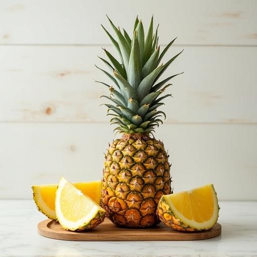 Pineapple with orange slices on wooden board. Light background enhances fruit colors. Generous sizes of each element attract the eye. Freshness evident through vibrant appearance.