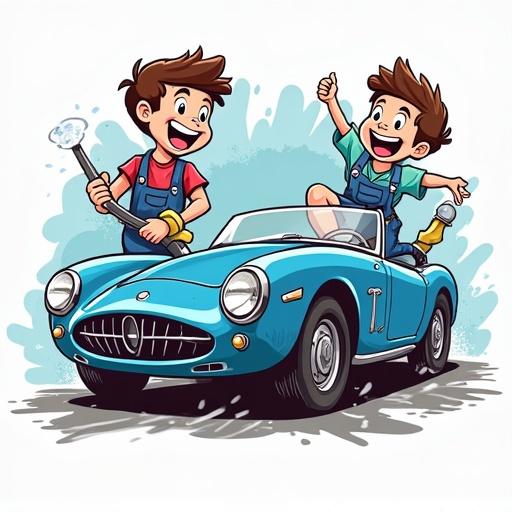 Cartoon-style logo depicting two boys washing a car. One boy is holding a hose and the other is giving a thumbs up. Car is blue and stylistic. Bright background.
