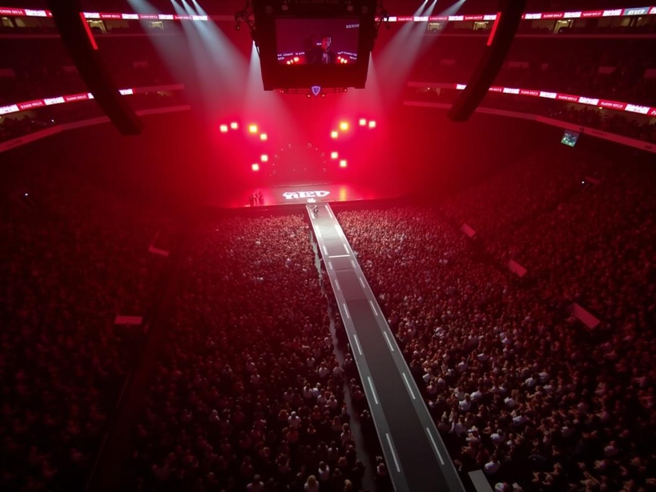 The image captures a drone's-eye view of a Roddy Ricch concert at Madison Square Garden. A large T-stage runway extends from the main stage into the audience. The entire arena is packed with fans immersed in the performance. Bright red lights illuminate the stage, creating an electrifying atmosphere. The scene conveys excitement and energy, characteristic of a high-profile music event.