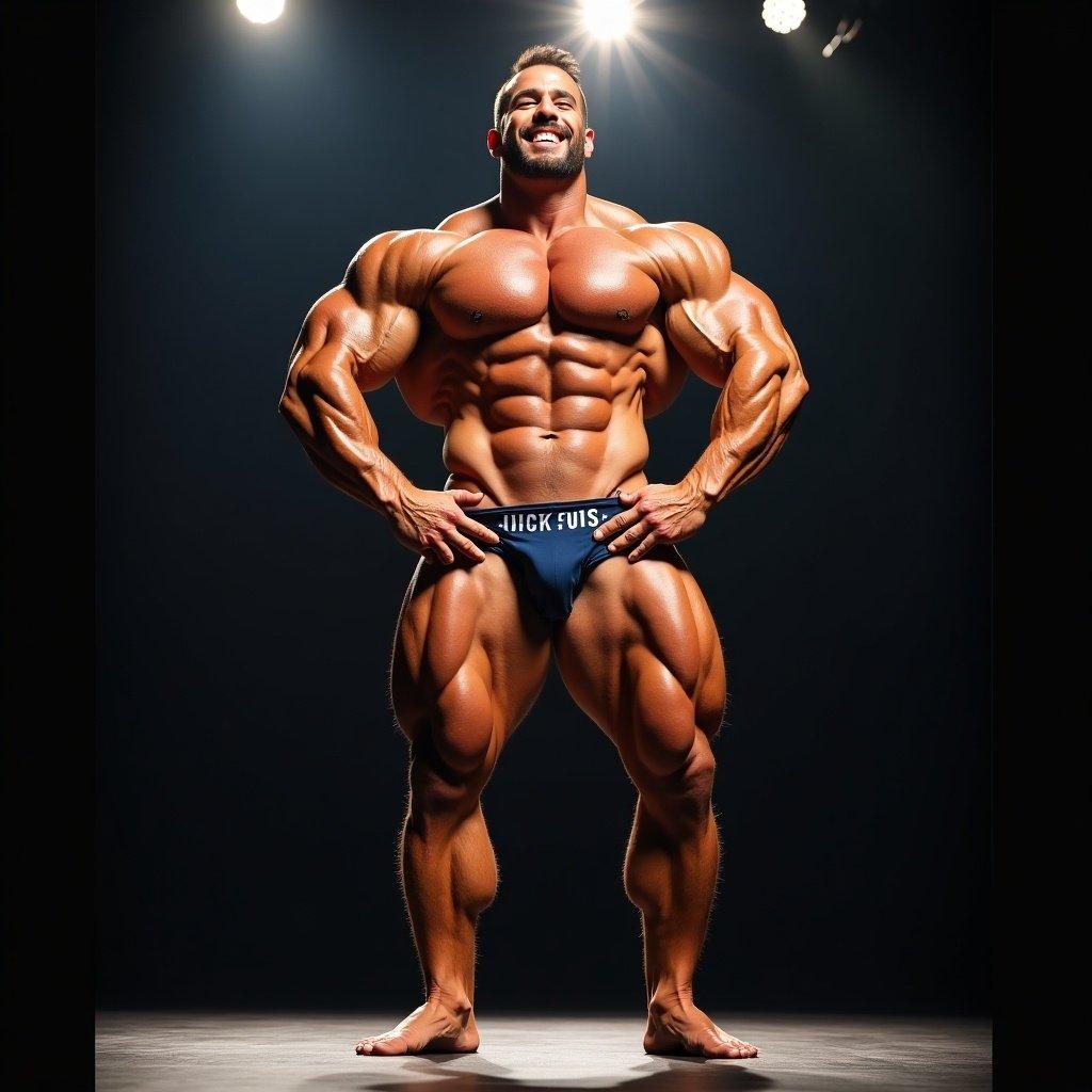 A muscular bodybuilder in a competitive pose. Bright stage lights emphasize physique. Wearing bodybuilding shorts. Exhibiting impressive muscle definition.