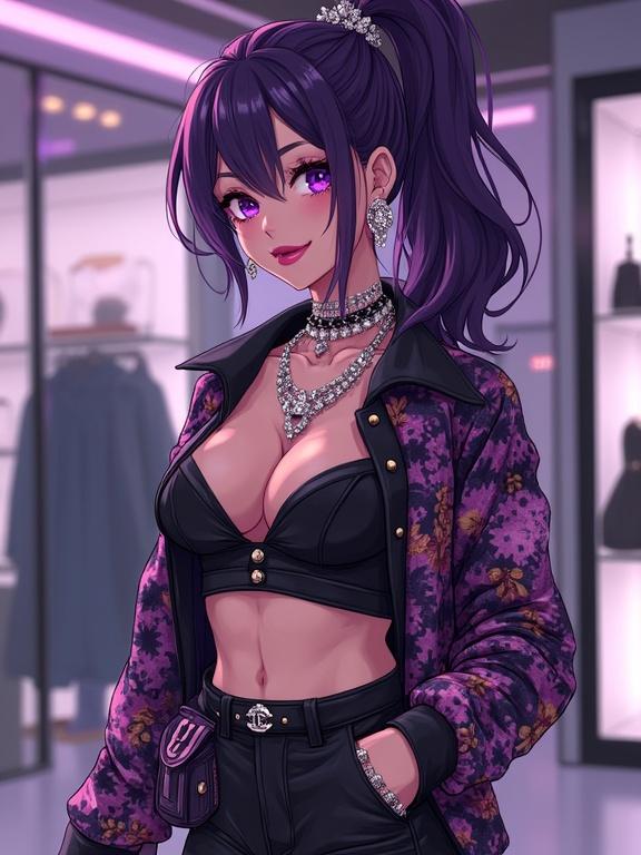 Anime character in a Chanel boutique. Young woman wearing edgy streetwear. Amethyst purple eyes and diamond jewelry. Displaying a fashionable look with oversized ponytail. Semitransparent backdrop with modern elements.