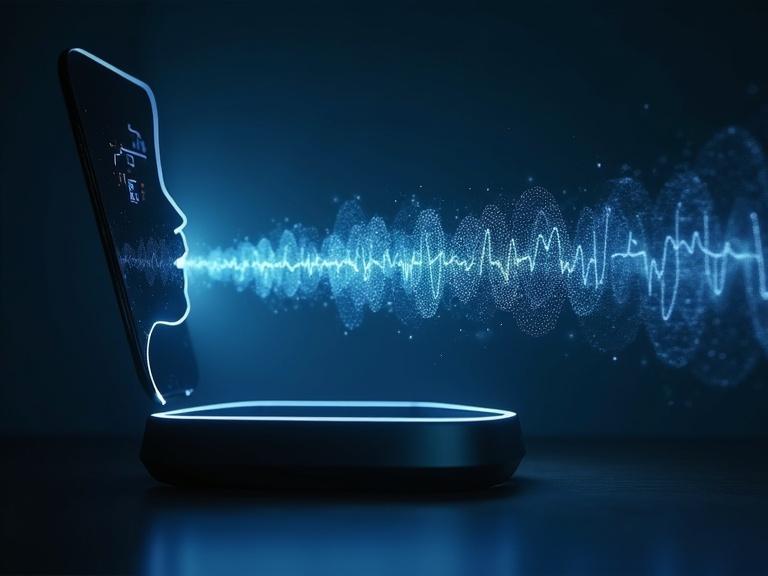 Floating voice waveform from an AI device. User sees waveform on modern AI device at a distance.