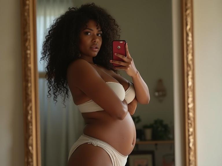 Curvy black woman takes a selfie in a mirror. She wears shorts and crop top. Long curly hair enhances her natural appearance. Green eyes reflect happiness. Picture presents a warm tone with soft light.