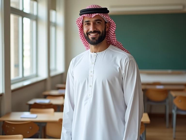 A medium-length photo of an Omani male teacher stands confidently wearing a white dishdasha and patterned turban with a smile. The setting is a modern classroom with a natural light. The ambiance reflects an elite international school atmosphere.