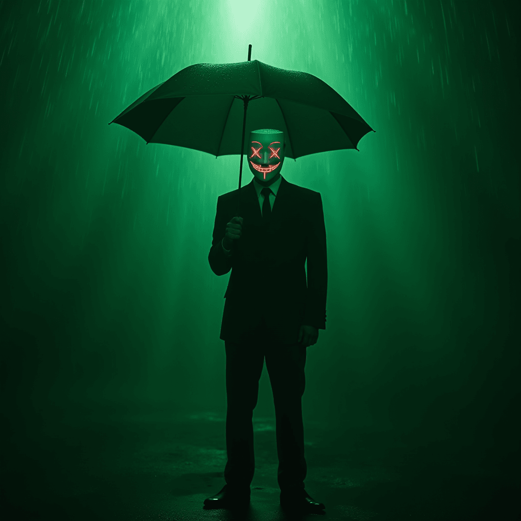 A person in a suit stands under an umbrella, wearing a glowing, sinister mask amidst a green-tinted rain.