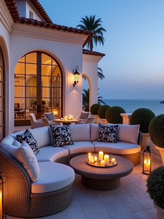 Luxurious Mediterranean-style balcony at dusk with elegant coastal decor. Features arched windows, terracotta roof, and a view of the ocean at sunset. Large curved wicker sofa with patterned cushions. Circular woven rattan coffee tables. Soft golden lighting from lanterns and candles. Topiary plants in decorative containers. Cozy and sophisticated ambiance.