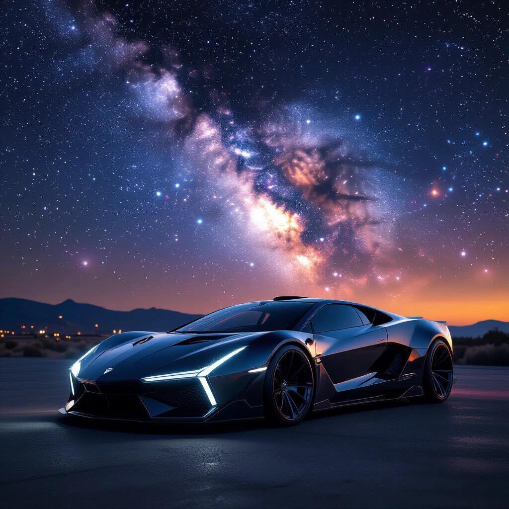 Futuristic low rider hypercar parked at night. Cosmic scenery includes nebula sky with stars. Photo showcases angular design and dark aesthetics.